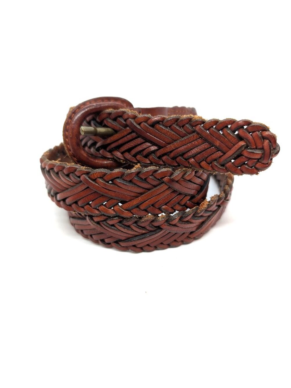 VTG Copper Key Braided Belt Mens Size 30 Brown Italian Full Grain Leather Buckle